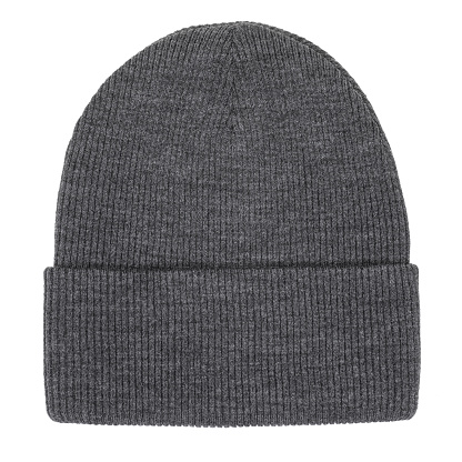 Heather grey knitted winter bobble hat of traditional design flat lay isolated on white background