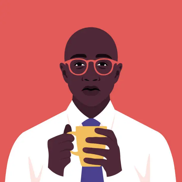 Vector illustration of A tired African man is holding a cup of coffee