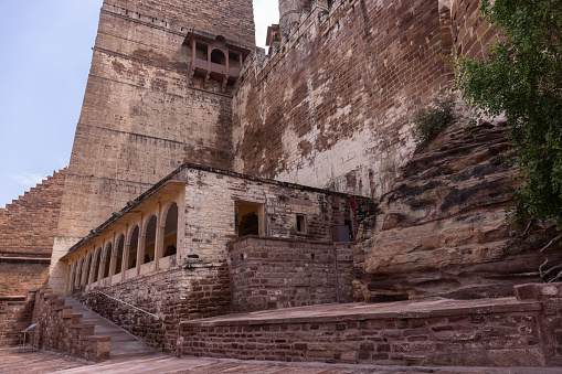 Jodhpur, Rajasthan, India- September 2021: Architecture view of Mehrangarh Fort. A UNESCO World heritage site in jodhpur, built in 1459, is one of the largest forts in Rajasthan. The Fort is situated on a steep hill which dominates the 'blue' city Jodhpur.