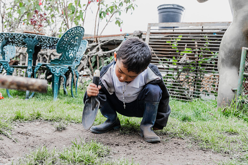 Child boy playing digging dirt in the garden