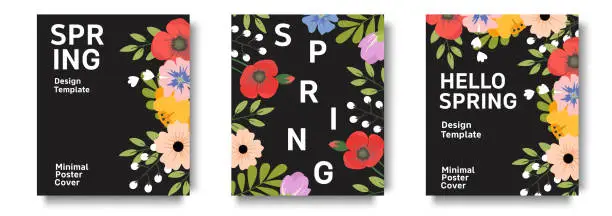 Vector illustration of Set of trendy minimal spring posters with bright beautiful flowers and modern typography. Spring background, cover, sale banner, flyer design.