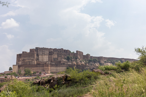 Panoramic view of Meherangarh Fort, one of the largest forts in India, at night. Jodhpur, Rajasthan, India.