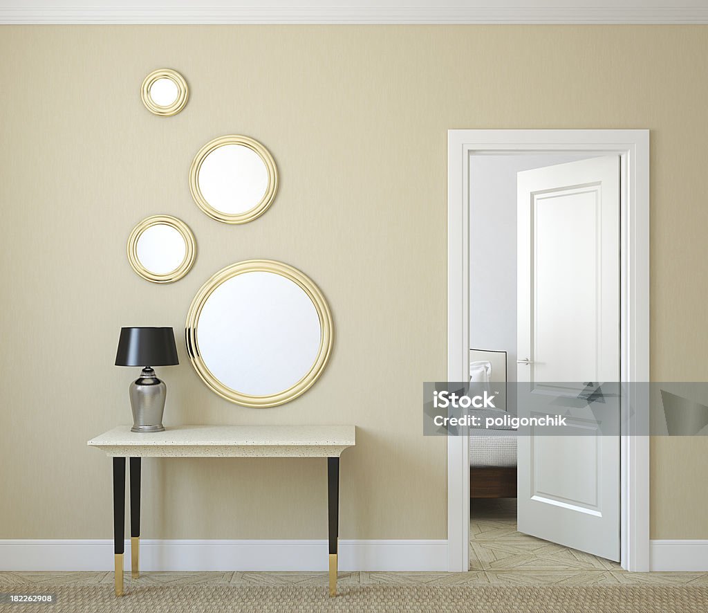 Hallway. Modern hallway with open door. 3d render. Mirror - Object Stock Photo