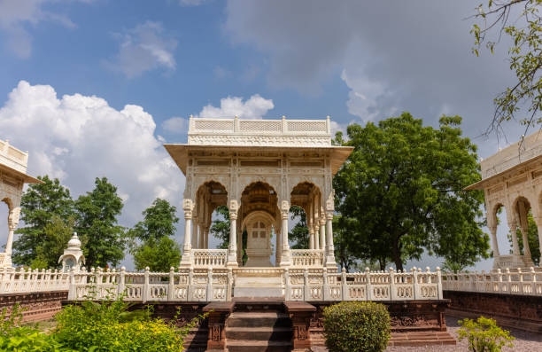 Jodhpur, Rajasthan, India - September 25 2021: Architecture view of jaswant thada cenotaph made with white marble in jodhpur built in 1899.