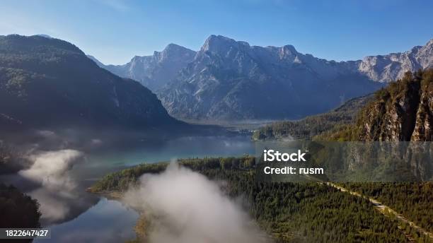 Summer Morning Light Fog Aerial View Of Lake Alm In Salzkammergut Austria Stock Photo - Download Image Now