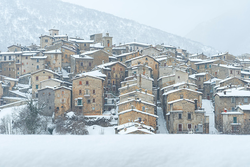 View of the historic centre of a stone mountain village covered with snow in winter, Scanno, L'Aquila province, Abruzzo region, Apennines, Italy, Europe
