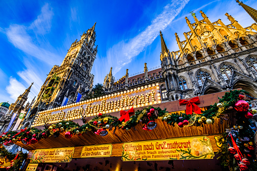 Munich, Germany - November 29: Typical stall at the famous annual Christmas market in the old town (Marienplatz) of Munich on November 29, 2023