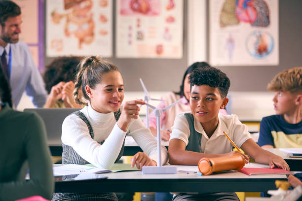 istock Secondary Or High School Students Studying Wind Turbines In Science Class With Teacher In Background 1822650685