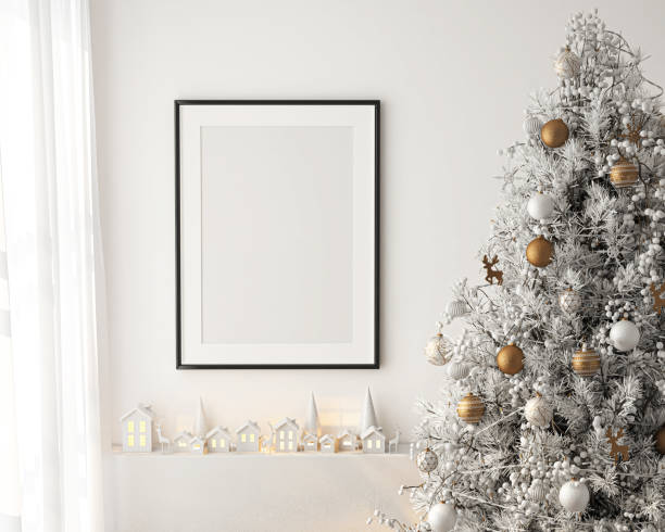 Frame mockup, ISO A paper size. Living room wall poster mockup. Interior mockup with house background. Modern interior design with Christmas Tree decoration. 3D render stock photo