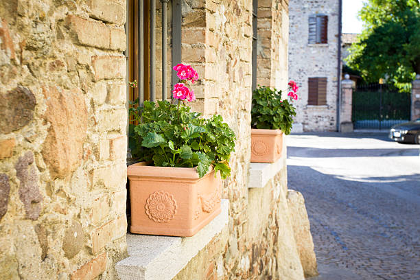 Old house with flowers in italy, europe stock photo