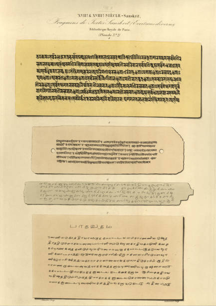 Vintage illustration of Examples of Sanskrit writing 17th and 18th Century, History of language, Universal palaeography, J B Silvestre. a classical language belonging to the Indo-Aryan branch of the Indo-European languages