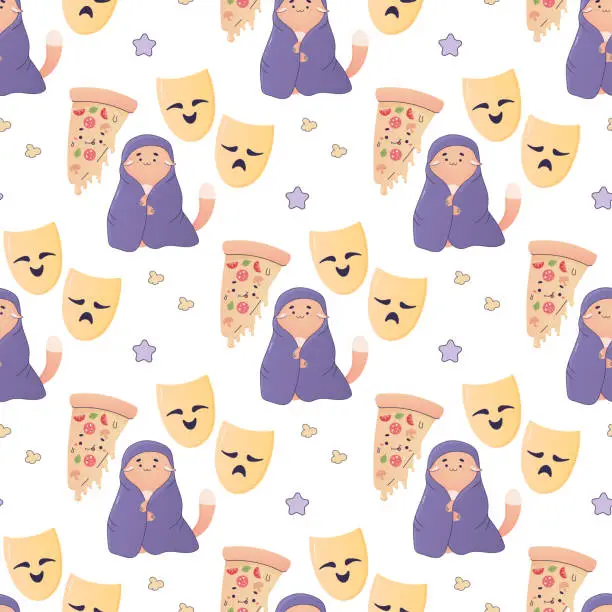 Vector illustration of Seamless pattern cozy movie watching, with pizza, popcorn