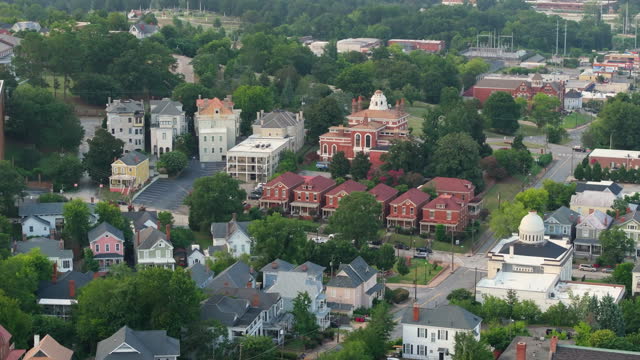 Aerial view of large Victorian houses in Macon, old historical city in Georgia. Southern American architecture