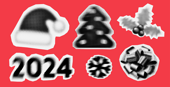 Christmas and New Year trendy halftone icons, collage of vintage 90s style of paper magazine clippings. Composed of big amount of circles. Vector illustration