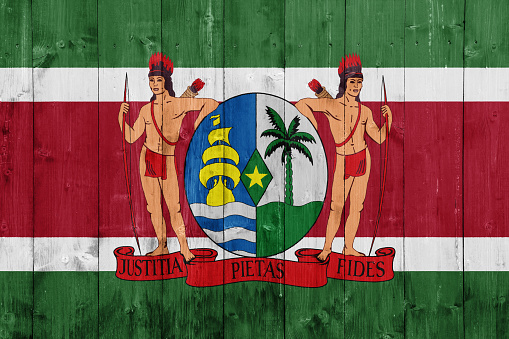 Flag and coat of arms of Republic of Suriname on a textured background. Concept collage.