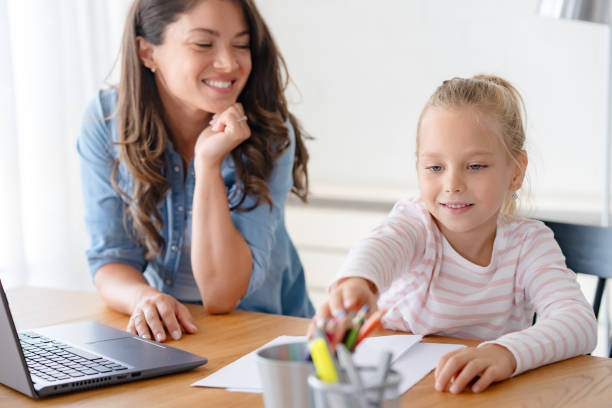 istock Mother and daughter learning together at home, in front of a computer 1822717698