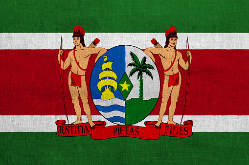 Flag and coat of arms of Republic of Suriname on a textured background. Concept collage.
