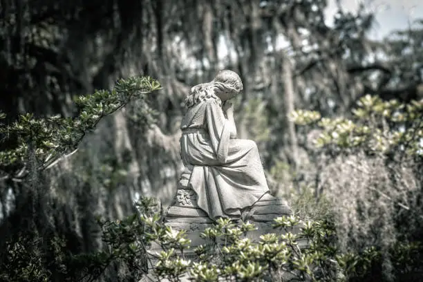 Photo of Statue of an angel under trees with spanish moss on a cemetry in South Carolina