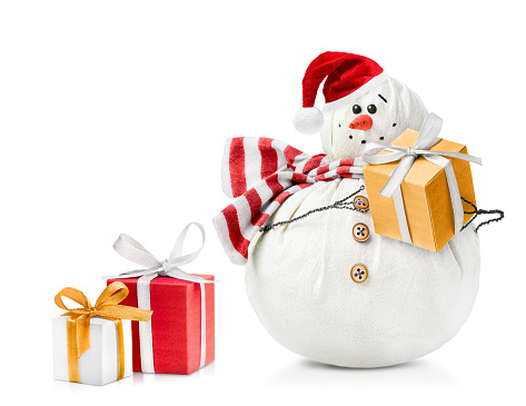 cute snowman in Santa hat with gifts, isolated on white background