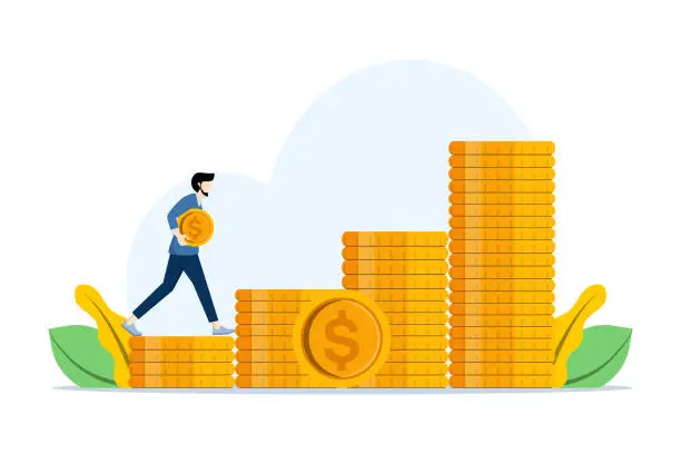 Vector illustration of Financial Wealth Concept, a man carrying coins, making Money, Increasing Income, Saving. Investment Expert Increases Profits, flat vector illustration on a white background.