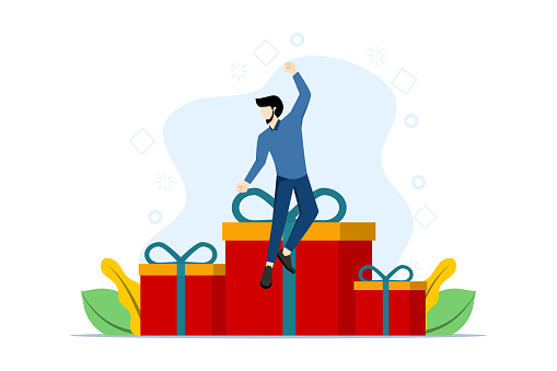 concept of birthday, gift, award, invitation card, party, birthday party. This design is suitable for greeting cards, men immediately enjoy receiving gifts. flat vector illustration on background.