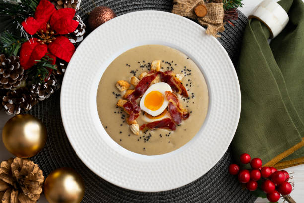 istock Smoked aubergine cream with crispy Iberian ham and boiled egg. 1822753794