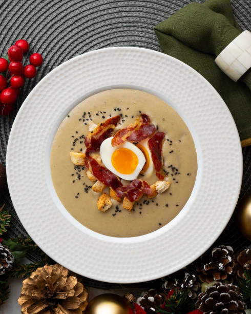istock Smoked aubergine cream with crispy Iberian ham and boiled egg. 1822753914