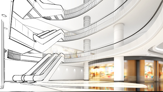 Large shopping mall hall, modern design,a combination of line drawings and color.,3d rendering