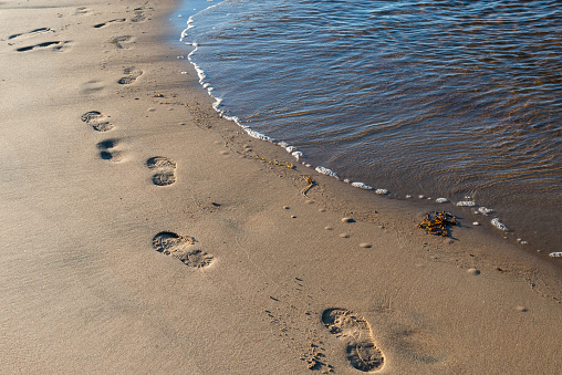 Footprints lead across the sand of an idyllic beach, back lit by the sun at dawn or dusk.