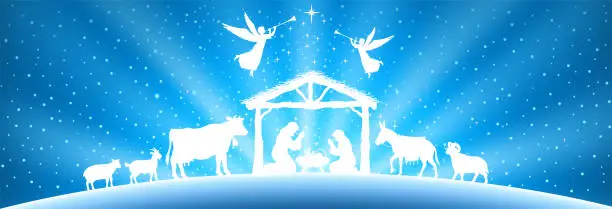 Vector illustration of Holy Night Scene. The Nativity Scene. The stable is filled with animals.