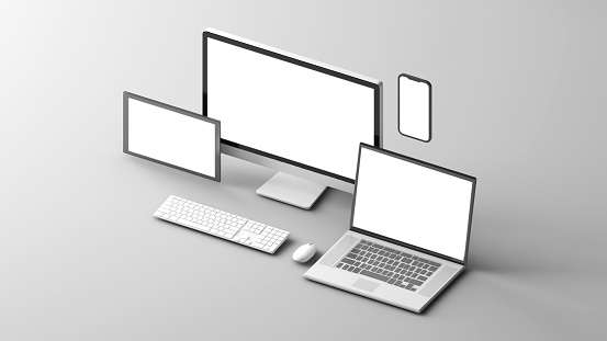 Clean white device mockup set with white background. Tablet PC , desktop computer mobile and notebook.3d rendering