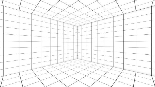 空の白い部屋の線のグリッドは、視覚的な手がかりとして機能します。、距離測定グリッド、グリッドビュー、3Dレンダリングを備えたスペース