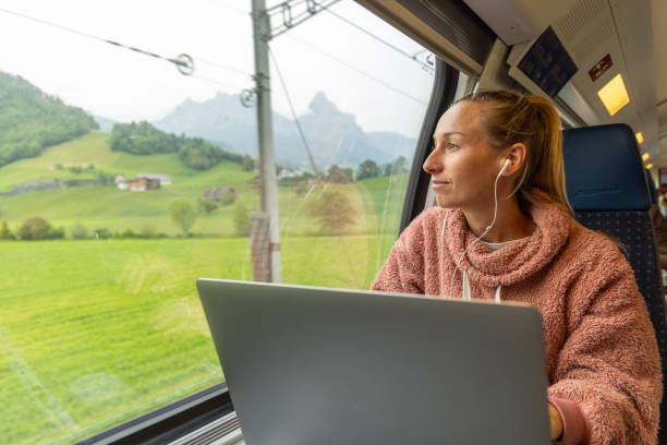 istock Young woman working on a laptop while traveling by train 1822779295
