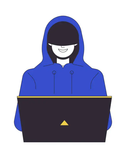 Vector illustration of Hacker in hood smiling flat line color vector character