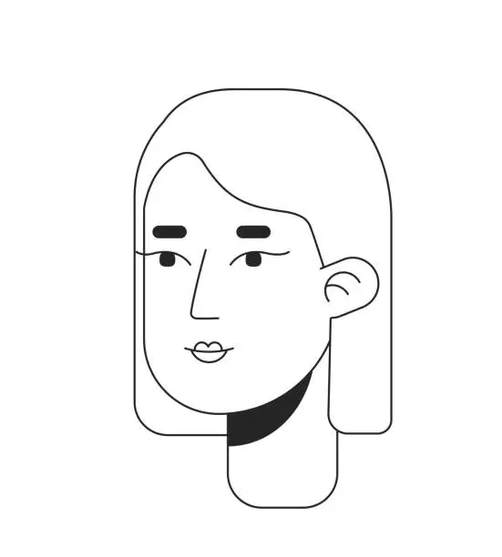 Vector illustration of European woman with bob haircut black and white 2D line cartoon character head