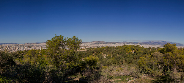 A panoramic view of the urban sprawl of Athens, Greece