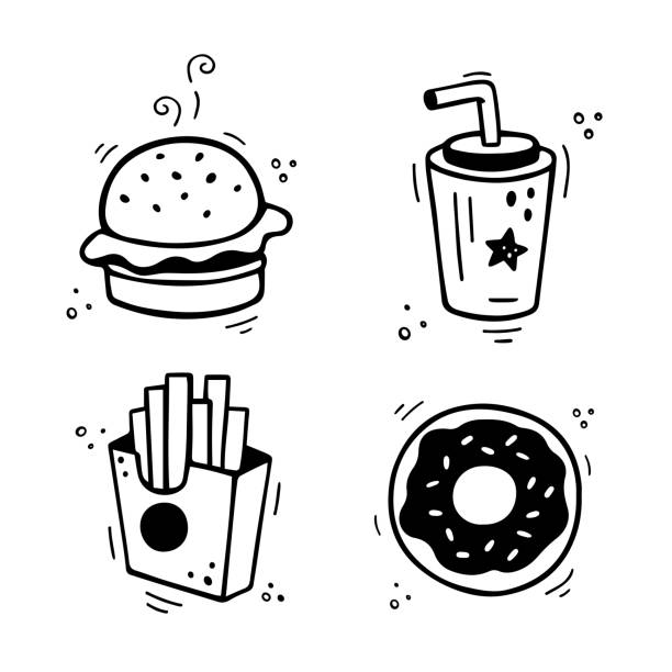 ilustrações de stock, clip art, desenhos animados e ícones de fast food set - burger, french fries, drink, donut. hand drawn fast food combo. comic doodle sketch style. - sandwich sketch cartoon line art