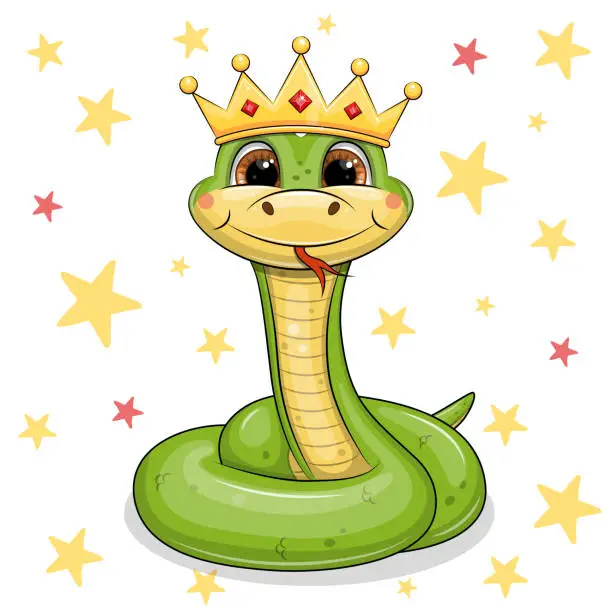 Vector illustration of Cute cartoon snake king with golden crown.