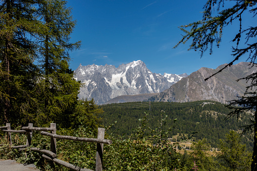 From the vicinity of Lac d'Arpy, the Mont Blanc group, from Dent du Géant to Pointe Walker.