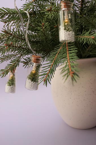 vase with fir branches decorated with unusual creative Christmas lights in the form of a glass bottle inside the fir tree and snow. Festive new year decor