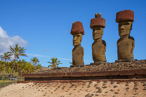 Anakena beach with Moai on Easter Island Chile