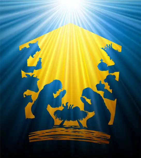 Vector illustration of Nativity Scene. The Birth of Christ. The Holy Child. Mother and child. Three wise men.