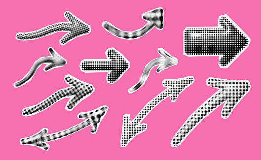 Inflated bubble arrow trendy halftone icons, collage of vintage 90s style of paper magazine clippings. Composed of big amount of circles. Vector illustration