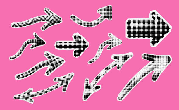Inflated bubble arrow trendy halftone icons, collage of vintage 90s style of paper magazine clippings. Inflated bubble arrow trendy halftone icons, collage of vintage 90s style of paper magazine clippings. Composed of big amount of circles. Vector illustration drawing of pink and black polka dot wallpaper stock illustrations