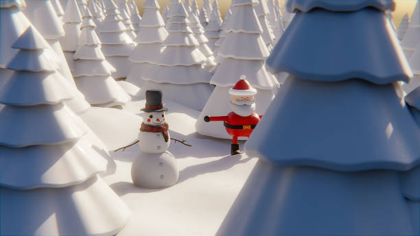 santa claus and snowman near  tree 3D rendering