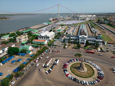 Aerial photo with city skyline and The Black Star Gate.