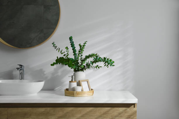 istock Stylish mirror, eucalyptus branches and vessel sink in modern bathroom. Interior design 1822870137