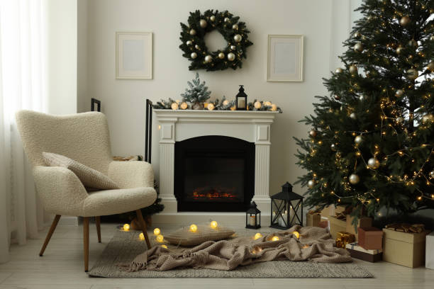 istock Cosy room with fireplace decorated for Christmas 1822873885