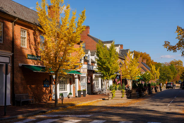 Autumnal streets of historical Colonial Williamsburg, VA: inns and shops intersect a walkway in Colonial Williamsburg, Virginia stock photo