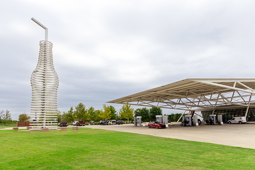 Arcadia, Oklahoma - October 25th, 2023: Pops Route 66, home of the world's largest sculpture pop bottle, view of the store and gas station.